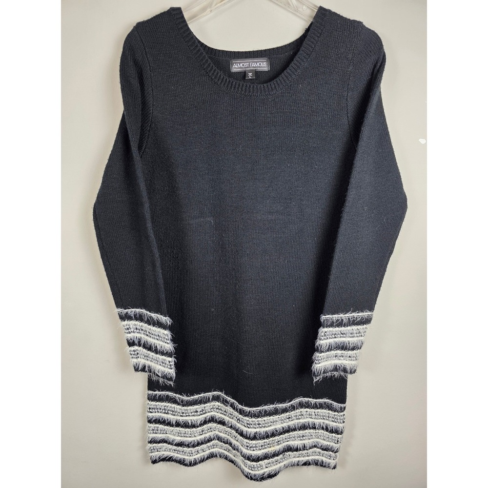 Almost Famous Womens Sz L Striped Eyelash Knit Sweater Dress Chunky